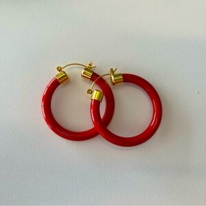Anthropologie Resin Hoop Earrings, Red with gold tone hardware, 4” D